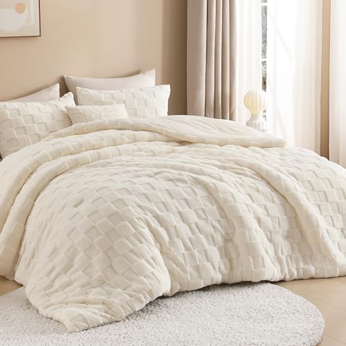 Litanika Fluffy Full Size Comforter Set Beige, 3 Pieces Warm Sherpa Fleece Winter Bedding Set, Jacquard Checkered Plush Fuzzy Bed Set(1 Comforter, 2 Pillowcases)