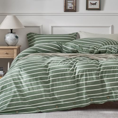 JELLYMONI Cotton Duvet Cover Twin Size - Green Striped Comforter Cover with Button 100% Washed Cotton 2PCS Breathable Soft Solid Bedding Set Duvet Cover 68??90in & 1 Pillowcase (NO Comforter)