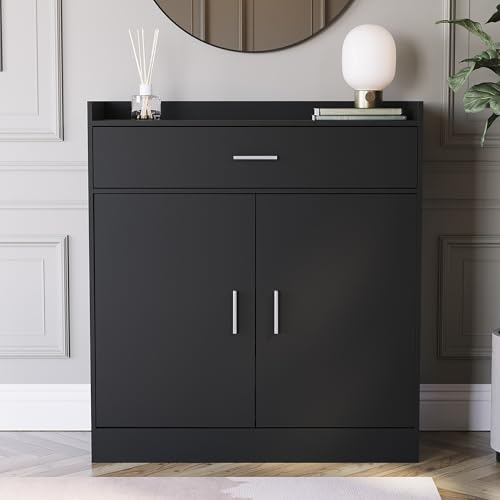 Vida Designs Dalby Shoe Cabinet, Wooden Shoe Storage Unit with 2 Doors & 1 Drawer, Multifunctional Dust-Proof Space-Saving Cupboard for Hallway or Entryway (Black)