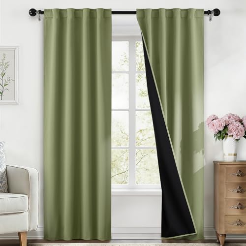 SimpleHome 100% Blackout 84 Inch Sage Curtains for Living Room - Curtains for Bedroom,Rod Pocket and Back Tab Window Drapes,Room Darkening Curtains with Black Back,40 x 84 Inch,2 Panels