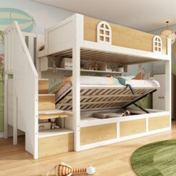 Ball & Cast Bunk Beds for Kids, Staircase Bunk Bed with Storage Cube & Hydraulic Storage, Double Kids Bunk Bed (90+135) x190cm, Solid Wood Frame, for Multiple Children, White & Natural