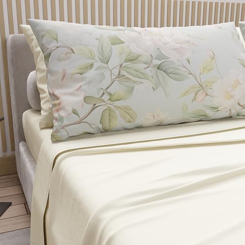 PETTI Artigiani Italiani - Cotton Sheets with Pillowcases in Digital Print, Double Sheet, Floral Pattern 172 Cream Bed Set, 100% Made in Italy