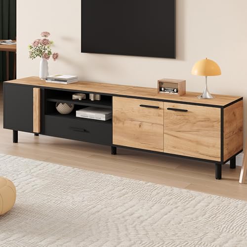 "FAVSH 180cm Geometric TV Stand for Tvs up to 75"",Modern Entertainment Center with Drawer and Cabinets,TV Media Console W/Legs & Adjustable Shelves for Living Room,Oak & Black"