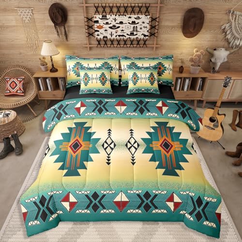 Erosebridal Boys Western Aztec Comforter Set Twin 7 Piece, Native Tribal Ethnic Bedding Set Farmhouse Boho Geometric Sheet Sets Southwestern Ethnic American Native Bed in A Bag for Men,Green Yellow