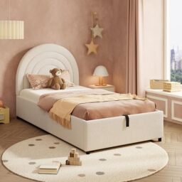Ball & Cast Upholstered bed 3ft 90 * 190, Children's bed, Single bed with slatted frame and headboard, Youth bed, suitable for adults and teenagers, Wooden slats, Easy to assemble, Boucle, Beige