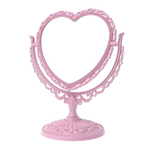 AKOAK Heart-Shaped Cosmetic Mirror - Plastic, Double-Sided, Rotatable, Lightweight - Bathroom & Bedroom Mirror (Pink)