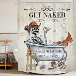Mitpok Western Cowboy Shower Curtain 60Wx72H Funny Skeleton Skull Retro West Vintage Hilarious Gothic Cool Bathroom Decor Cat Fish Bubbles Spooky Cream Bath Curtain Fabric Polyester 12 Pack Hooks