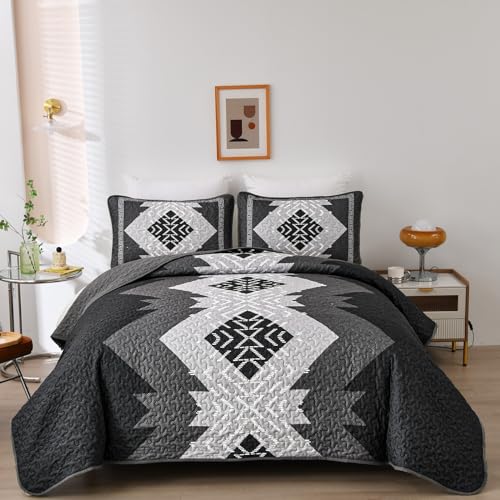 "Dintszyayue Boho Queen Quilt Set 3 Pieces Black Grey Aztec Texture Bedspread Coverlet Set Bohemian Quilt Bedding Set Microfiber Lightweight Bed Cover for All Seasons 90""??96"""