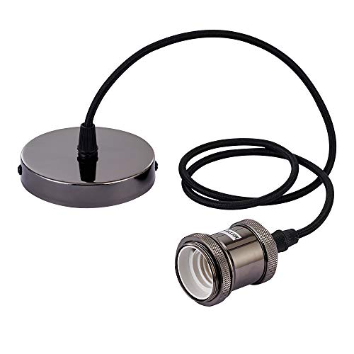 Innoteck Vintage Ceiling Pendant Lamp Holder E27 Metal Fabric Braided Light Fitting - Pearl Black