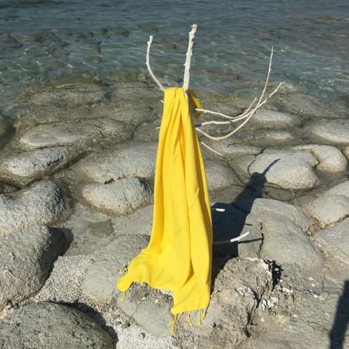 Fouta Beach Towel, 100% Cotton, 95 x 175 cm - Absorbent, Soft and Washable at 30-40 °C - Bright Yellow for Summer Bathing Fun