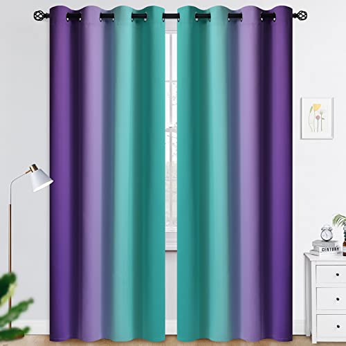 COSVIYA Curtains & Drapes Teal and Purple Curtains 90 inches Long 2 Panels, Grommet Polyester Light Blocking Ombre Window Panels for Bedroom/Living Room,52x90 inches