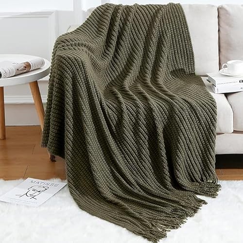 "Blagic Knitted Throw Blanket for Couch Soft Farmhouse Boho Throw Blanket with Tassels Home Decorative Lightweight Throw Blankets,Dark Green Throws for Bed/Chair/Sofa, Wheat Textured, 50"" W x 60"" L"