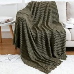 "Blagic Knitted Throw Blanket for Couch Soft Farmhouse Boho Throw Blanket with Tassels Home Decorative Lightweight Throw Blankets,Dark Green Throws for Bed/Chair/Sofa, Wheat Textured, 50"" W x 60"" L"