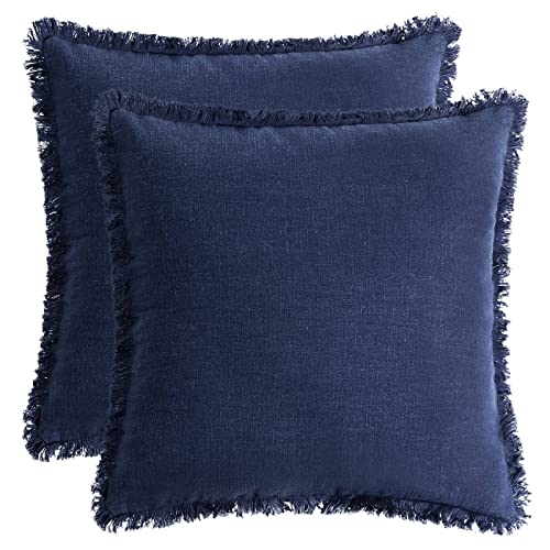 AmHoo Pack of 2 Linen Pillow Covers with Tassels Fringed Decorative Rustic Natural Throw Pillowcase Cushion for Couch Sofa Bedroom 18 x 18-Inch Navy Blue