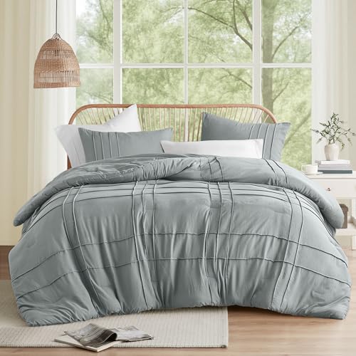 Comfort Spaces Blue/Grey Twin Size Comforter Set - 2 Pieces Pintuck Pleated Bedding Sets Twin, All Season Lightweight, Extra Softness Pre-Washed Microfiber Twin Bed Set, Shams, Twin/Twin XL