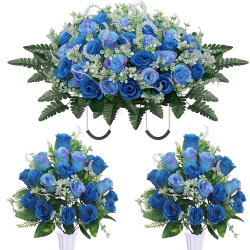 LOSFOTBO 3pcs Headstone Flowers Saddle for Tombstone,Cemetery Flower Memorial Bouquet with Vase,Rose Headstone Flowers Saddle (Blue)