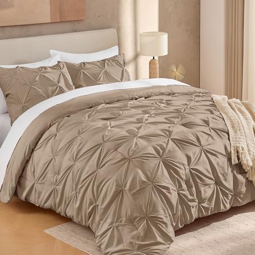 "Andency California King Pinch Pleat Taupe Comforter Set 3 Piece Bedding - Lightweight Comforter with 2 Pillow Shams,104""x96"", Pintuck Fluffy, All Season Use, Boho Cute Style for Bedroom"