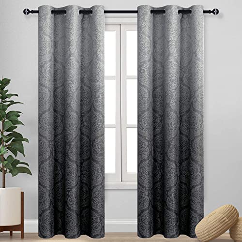 DWCN Ombre Blackout Curtains for Bedroom - Damask Patterned Thermal Insulated Energy Saving Grommet Curtains for Living Room, Set of 2 Gradient Window Curtain Panels, 42 x 84 Inches Long, Black