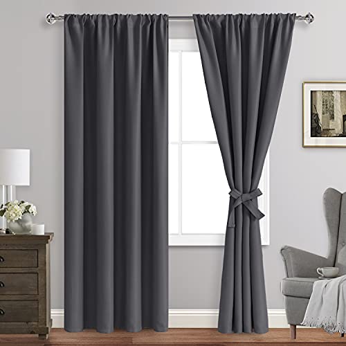 JIUZHEN Blackout Curtains for Bedroom - Thermal Insulated Room Darkening Rod Pocket Curtains for Living Room, Set of 2 Panels with Tiebacks, 42 x 84 Inch Length, Dark Grey