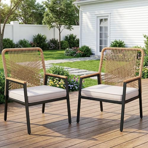 Clevich Set of 2 Rattan Garden Chairs, Rattan Metal Balcony Chairs with 8 cm Thick Cushion, Metal Frame and WPC Armrests, for Terrace, Garden and Porch (2, Beige)