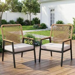 Clevich Set of 2 Rattan Garden Chairs, Rattan Metal Balcony Chairs with 8 cm Thick Cushion, Metal Frame and WPC Armrests, for Terrace, Garden and Porch (2, Beige)