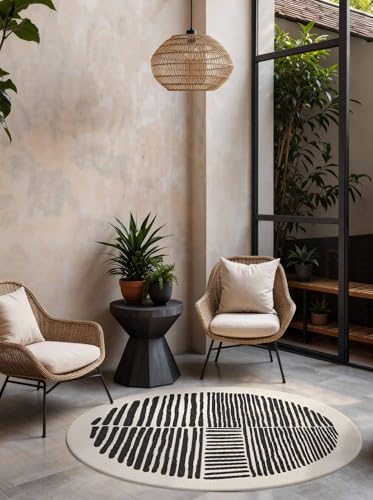 Ted Baker Flat Weave Bounds Round Rug Reversible Rug Suitable for Outdoor Use Easy-Care Living Room Rug Modern Striped Pattern for Living Room, Patio, Dining Room, Balcony - Black White, Diameter 160