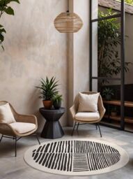 Ted Baker Flat Weave Bounds Round Rug Reversible Rug Suitable for Outdoor Use Easy-Care Living Room Rug Modern Striped Pattern for Living Room, Patio, Dining Room, Balcony - Black White, Diameter 160