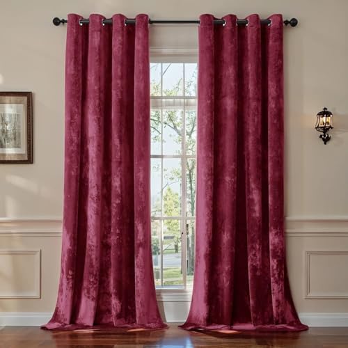 SMILETIME Burgundy Red Crushed Velvet Curtains 52x84 inch Luxurious Thermal Insulated Soundproof Drapes for Living Room Bedroom Office Soft and Durable Light-Filtering Window Treatments, 2 Panels
