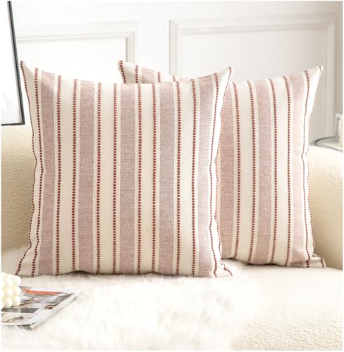 Cethom Decorative Boho Throw Pillow Covers, Farmhouse Textured Pillow Case, 18 x 18 Inch Set of 2, Chair Sofa Bedroom Living Room Home Decor Couch Cushion Case, Rust and Beige Striped