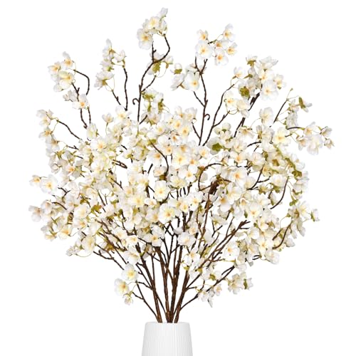 Waipfaru 4 Pcs Cherry Blossom Branches, 40'' Faux Cherry Blossom Tree Stems Decor, Long Stem Artificial Flowers for Tall Vase, Fake Flowers for Spring Home Indoor Outdoor Decoration (White)