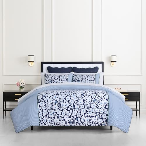 Kate Spade New York Anemone Field Full/Queen Comforter Set, 100% Cotton Reversible Cover, All Season 3 Piece Bedding, Machine Washable, Blue Multicolor