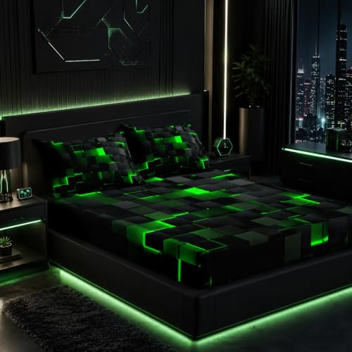 "Nttopship Soft Bedding Fitted Sheet Twin Size,Geometric Green Black Kids Boys Girls Aldult Bed Sheets with 2 Pillowcase,Sheet with 16"" Deep Pocket,for Girls Boys Teen Bedding 3 Piece Set"