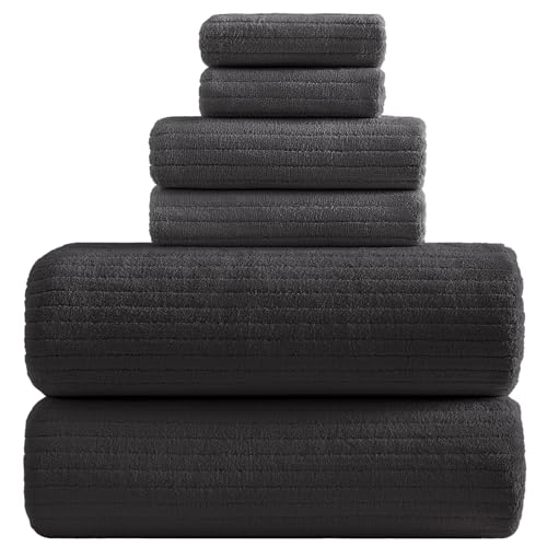 YTYC 39x78 Bath Sheets Extra Large Bath Towels Set for Adults Super Soft Absorbent Striped Microfiber Oversized Bathroom Towels (Charcoal Grey, 6 PCS)