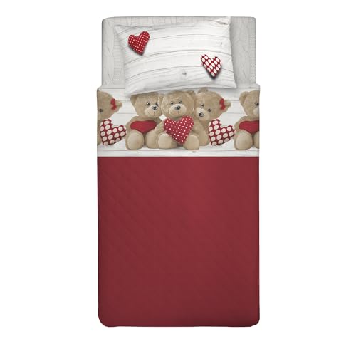PENSIERI DELICATI Single Bed Set, 100% Cotton, Single Bed Sheet Set, 90 x 200 cm, Including Bottom Sheet, Top Sheet and 1 Pillow Case, Made in Italy, Red Bears Design
