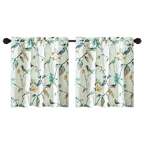 Leeva Kitchen Curtains 24 Inch Length Set, Green Bird Light Filtering Window Curtain Panels for Small Window Living Room Bathroom, 29 x 24 Inch, Rod Pocket