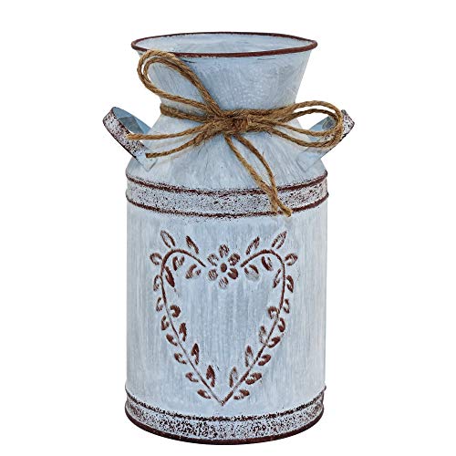 "TTdayup Rustic Shabby Chic Vase for Flower - Galvanized Finish Milk Can with Handle,Vintage Farmhouse Vase for Centerpieces,Rustic Metal Flower Vase with Heart-Shaped and Rope Design-7.7"" (Light Grey)"