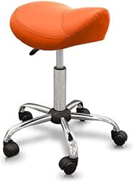 QUIRUMED Ergonomic Pony Stool with Steel Base, Orange, Upholstered in Leatherette, Adjustable Height, Padded Seat, Swivel Wheels, Up to 150 kg