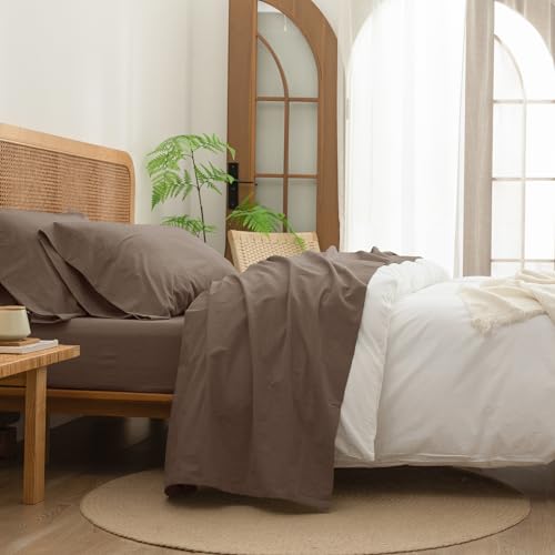 BESTOUCH Twin Washed Cotton Linen Feel Sheet Set 3pc Pine Bark Brown - 3 Piece Sheets, Deep Pockets with All???Around Elastic, Linen-Like Texture, Extra Soft & Breathable, No???Iron