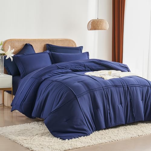 Yogeneg Queen Comforter Set 7 Piece Bed in a Bag,Grid Pinch Pleat Navy Blue Bedding Set,Striped Textured Soft Microfiber Comforter with Sheet Set,All Season Complete Bed Set(Navy Blue,Queen)