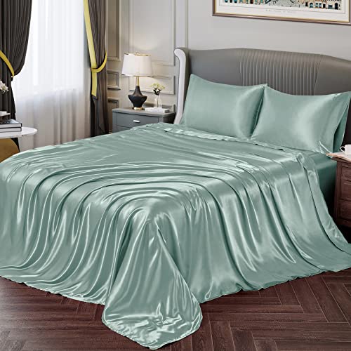 Vonty Satin Sheets: Twin Mint Green Satin Sheet Set, 1 Deep Pocket Fitted + 1 Flat Sheet + 1 Pillowcase
