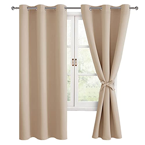 Hiasan Blackout Curtains for Bedroom, 42 x 72 Inches Long - Thermal Insulated & Light Blocking Window Curtains for Living Room/Kids Room, 2 Drape Panels Sewn with Tiebacks, Beige