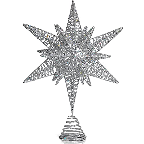 Ornativity Silver Star Tree Topper ??? Christmas Silver 3D Glitter Star Ornament Treetop Decoration