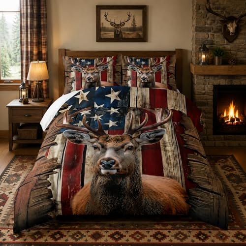 Nttopship Deer Hunting Comforter Sets Full Size,American Flag Bedding Set 3 Piece for Girls Women Teens Adult Kids Boys,Woodland Moose Wildlife Room Decor Comforter Set with 2 Pillowcases