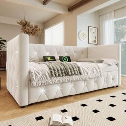 Ball & Cast Daybed, Single Bed Frame with Trundle, 3ft Sofa Bed with Charging Ports, Pull Out Bed for Living Room and Bedroom, Velvet, (No Mattress) (Beige)