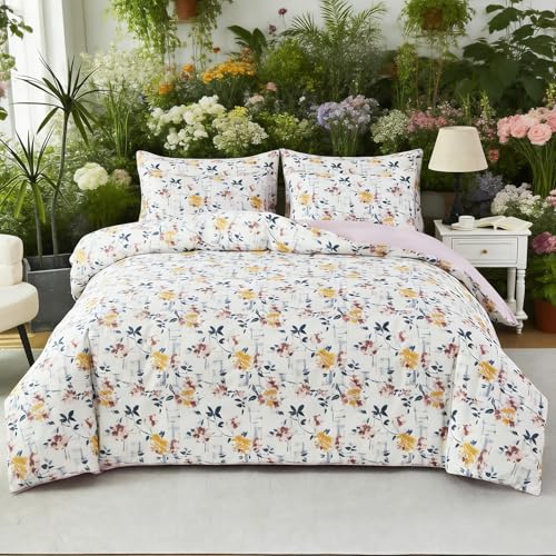 URBONUR 100% Cotton Watercolor Floral Queen Duvet Cover Set for Adult Women - Soft and Breathable, Silky Smooth Sateen Weave, 1 Comforter Cover + 2 Pillow Cases