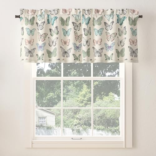 "No. 918 Marepesia Butterfly Print Embroidered Trim Semi-Sheer Rod Pocket Curtain Valance, 54"" x 18"", Blue"