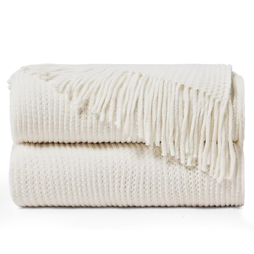 "inhand Knitted Throw Blanket for Couch Bed,Chunky Chenille Woven Soft Blankets with Tassels,Cozy Boho Farmhouse Fall Winter Decor,Warm for Women,50""x60"",Medium Thick-Off White"