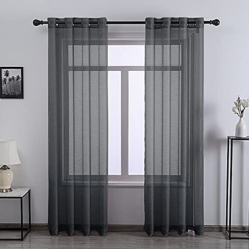 DONREN Dark Gray Sheer Curtains 84 Inches Long for Bedroom - 2 Pack Eyelet Top Voile Semi Sheer Drapes See Through Window Curtains for Living Room Charcoal Grey
