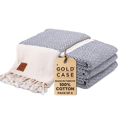 Gold CASE Turkish Beach Towel Set of 4 ??? 100% Cotton Large Turkish Bath Towels 67 x 38'' ??? Zeus Extra Large, Quick Dry & Sand Free Towels ??? Peshtemal for Pool ??? Grey