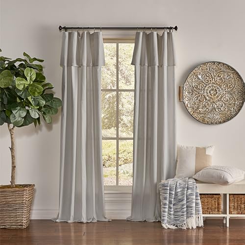 Mercantile Drop Cloth Curtain Panel, Light Filtering Ring & Tab Top with Attached Valance, 95 in Long x 50 in Wide, Farmhouse Single Window Panel, Bedroom, Living Room & Dining Room, Grey